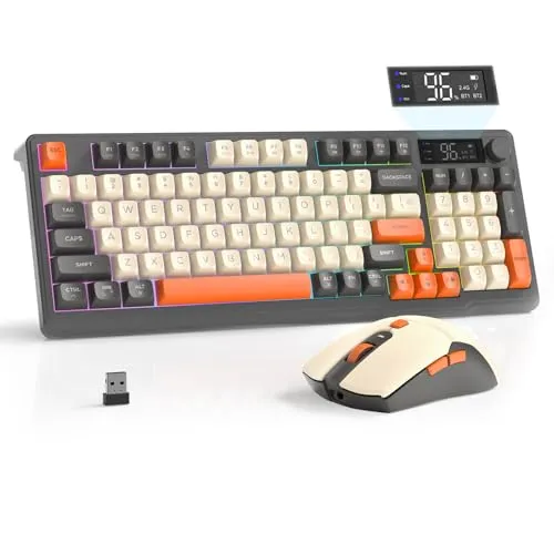 FREEWOLF T96 Kabellose Tastatur und Maus, Bluetooth & 2.4G, PBT-Tastenkappen, Medienrad, Display, Leise Tasten, Anti-Ghosting, Wiederaufladbar, QWERTY (Schimmern)