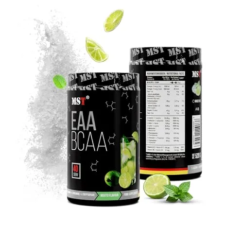 BCAA&EAA ZERO 520g | BCAA Pulver | EAA Pulver | Aminosäuren EAAs und BCAAs Vegan | Instant | 7,66 g Aminosäuren | Kein Farbstoff | mit vitamin B6 | Deutschland | (Mojito)