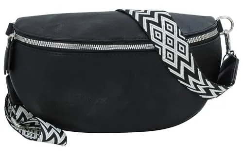 Jennifer Jones - Damen Bauchtasche mit modernem breitem Gurt - Gürteltasche, Crossbody Bag, Handtasche, Hüfttasche, Umhängetasche (Schwarz)