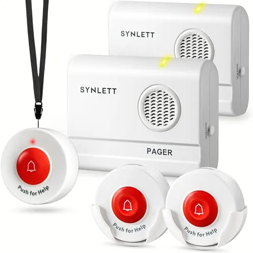 SYNLETT Pflege Pager Set mit 3 Rufknöpfen und 2 Pagern Kabelloses Senioren Notrufsystem für Zuhause Klinik Altenpflege und betreutes Wohnen