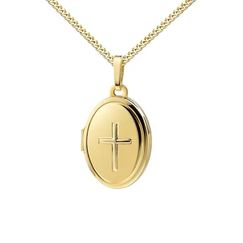 Fotomedaillon Kleines Medaillon mit Kreuz 333 Gold 8 Karat Amulett für Andenken-Bilder zum Öffnen. Mit Halskette 925 Silber vergoldet - Kettenlänge 60 cm.