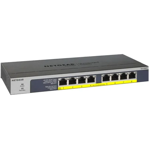 Netgear Switch GS108PP-100EUS - 8-Port Gigabit PoE Switch, unmanaged mit 123W Leistung, ideal für IP-Geräte und leisen Betrieb