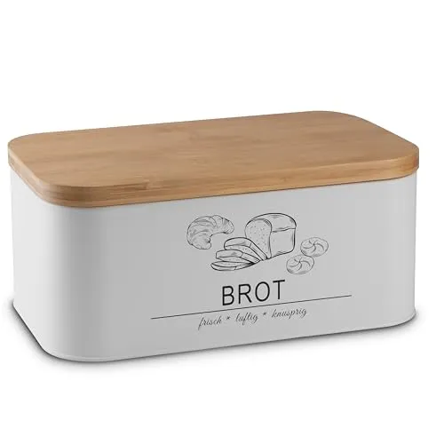 MNKsolution Brotkasten mit Deckel als Schneidebrett - Brotbox mit Lüftungslöchern für Brotaufbewahrung - Ideal für Brot, Brötchen und Backwaren - Aufbewahrung für frische Lebensmittel Weiß