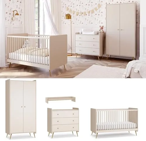 QMM Babyzimmer komplett Set Lien Kleiderschrank Kommode Wickelaufsatz Kinderbett 140x70