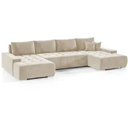 Wohnlandschaft Sofa VOGAR mit Schlaffunktion - Moderne Wohnlandschaft mit Schlaffunktion und Bettkasten, ideal für Gäste. Platz für bis zu 10 Personen, inklusive Rückenkissen und Zierkissen. Farbe: Ecru, Breite: 350 cm.