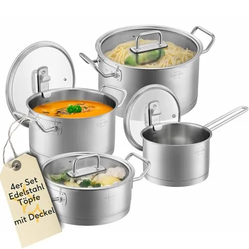 SILBERTHAL Topfset Induktion - 4-teilig - Edelstahl Kochtopf Set mit Glasdeckel - Unbeschichtet - Für alle Herdarten - Ofenfest
