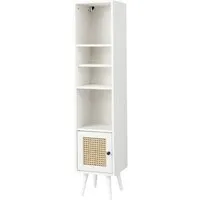 Costway Hochschrank Rattan Weiß 29,5 x 29,5 x 137 cm - Stylischer Hochschrank mit 4 Ablagen, ideal für Wohnzimmer oder Schlafzimmer. Das Boho-Design und die Rattan-Tür schaffen eine einladende Atmosphäre und bieten gleichzeitig praktischen Stauraum.