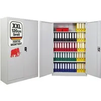 PROREGAL Flügeltürenschrank ELEPHANT - 180x120x40cm, abschließbar, pulverbeschichtet - Robuster Aktenschrank aus pulverbeschichtetem Stahl mit 2 abschließbaren Türen. 4 höhenverstellbare Fachböden bieten flexible Aufbewahrungslösungen. Fertig montiert, ideal für Büro und Lager.
