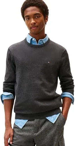Tommy Hilfiger Herren Pullover Essential Cotton, Grau (Dark Grey Heather), S - Strickpullover aus 100% Better-Cotton-Baumwolle, zeitloses Design mit Rundhalsausschnitt für optimalen Tragekomfort – perfekt für Büro und Freizeit.
