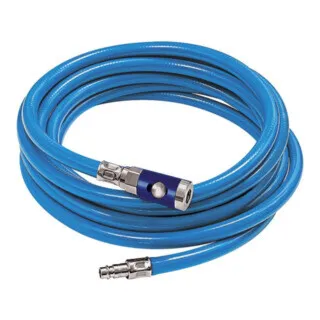 Werkstattschlauch-Set mit Sicherheitskupplung, 10 m - blau - Hochflexibles Druckluftzubehör mit einem Durchmesser von 19x12,7 mm, max. 12 bar, ideal für Werkstätten, ausgestattet mit Sicherheitskupplung für zusätzliche Sicherheit.
