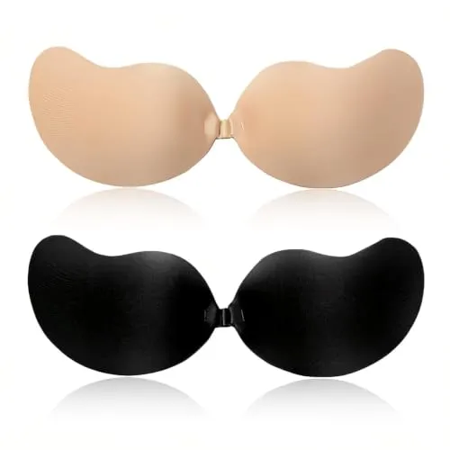 Stycizom Klebe BH Trägerloser Silikon BH 2er Set Schwarz & Hautfarbe Push-Up Unsichtbar Rückenfrei Klebepads für große und kleine Brüste Ideal für Abendkleid Brautkleid rückenfreie Kleidung