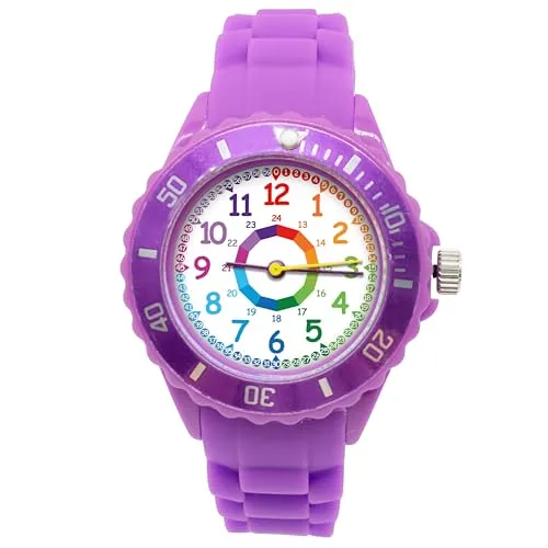 K&L Wall Art Kinderuhr Analog Lernuhr für Jungen und Mädchen – Lila Regenbogen Silikonarmband - Diese kinderfreundliche Lernuhr hilft Grundschulkindern, die Uhrzeit spielerisch zu lernen. Mit einem bunten Zifferblatt und einem bequemen Silikonarmband ist sie ideal für den täglichen Gebrauch und sogar beim Schwimmen geeignet.