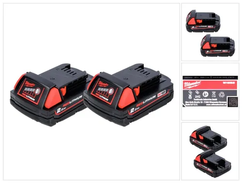 Milwaukee M18 B2 Akku Set 18 V mit 2x 2,0 Ah - Praktisches Akku Set mit 2x Milwaukee M18 B2 Akkus für Elektrowerkzeuge. Mit REDLINK-Intelligenz und Überspannungsschutz für hohe Sicherheit und Lebensdauer. Kompatibel mit dem gesamten M18 Sortiment.