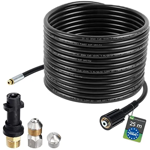 McFilter | Rohrreinigungsschlauch, 25m, 160-200 bar, inkl. Adapter, Düsen starr + rotierend, kompatibel mit Kärcher K2, K3, K4, K5, K6, K7 Hochdruckreiniger
