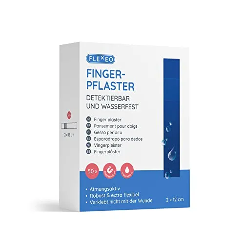 Pflaster detektierbar & wasserfest - in Blau 2cmx12cm - Fingerpflaster Set 50 Stück - detectable waterproof bandaid - Pflasterset ideal für Lebensmittelindustrie