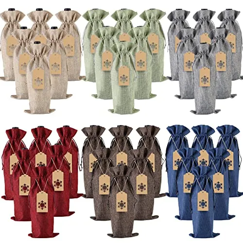 PIXHOTUL Jute-Geschenktüten mit Kordelzug für Weinflaschen, mit Anhänger und Seilen für Weihnachten, Hochzeit, Reisen, Geburtstag, Urlaubsparty (12 Stück, 6 Farben)
