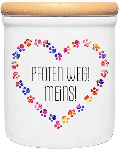 Cadouri Keramik Leckerli-Dose » Pfoten Weg! Meins! «┊Snackdose Keksdose Aufbewahrungsdose┊mit Holzdeckel