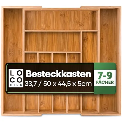 Loco Bird Besteckkasten aus Bambus - Verstellbarer Organizer für Schubladen - Küchen Besteckkasten mit 7-9 Fächern, ausziehbar bis 50cm, bietet viel Platz und sorgt für Ordnung in der Schublade. Nachhaltig und edel im Design, perfekt für jedes Zuhause.