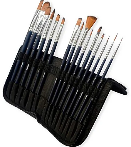 MozArt Supplies Aquarell-Pinsel-Set, 15-teilig, synthetische Borsten, inkl. Etui für den Transport mit hochwertigem Künstlerhalter