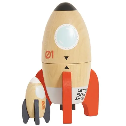 Le Toy Van - TV808 Holzspielzeug-Weltraumraketen - Sortier- & Stapelspielzeug für Kinder ab 2 Jahren, mit magnetischer Öffnung und Matrjoschka-Effekt für intergalaktische Abenteuer und spielerisches Lernen.