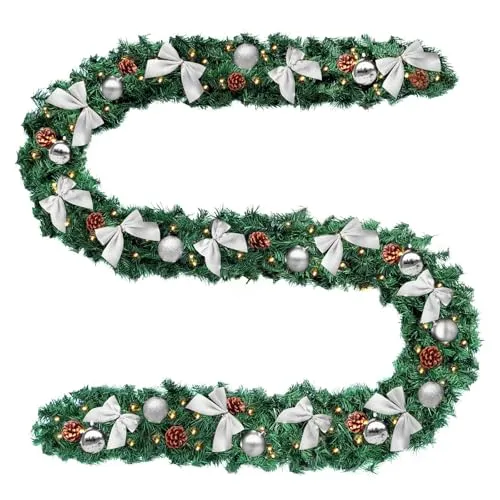 Baunsal® Weihnachtsgirlande Tannengirlande Girlande grün 5 m mit silberner Deko und Led Lichterkette mit Batteriebox und Fernbedienung Girlande Weihnachten Weihnachtsdeko Tannengirlanden