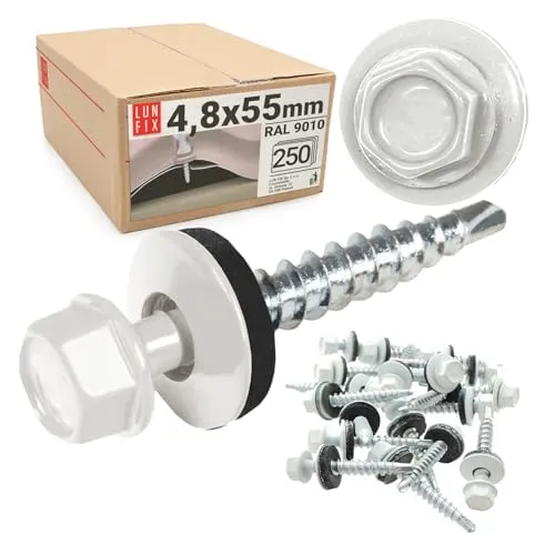 Stk. Set 4,8x55 mm Trapezblechschrauben RAL 9010 (Reinweiß) mit EPDM Dichtscheibe – Sechskantschrauben aus Stahl für Trapezblech, Carport, Dachplatten 250