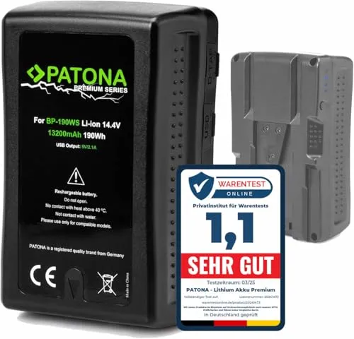 PATONA Premium V-Mount Akku für Sony BP-190WS - 13200mAh - Camcorder-Akkus für Profis: Leistungsstarker 13200mAh Akku mit USB-Ausgang und D-TAP Anschluss, ideal für schnelle Wechsel und vielseitige Nutzung mit verschiedenen Video-Lichtern.