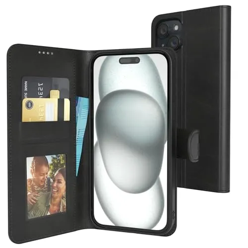 EAZY CASE - Klapphülle für iPhone 15 Plus Hülle klappbar Kameraschutz Schutzhülle magnetisch Flip Case Ständer Kunstleder Klapptasche mit Kartenfach Sichtfenster für Foto Premium Handyhülle Schwarz