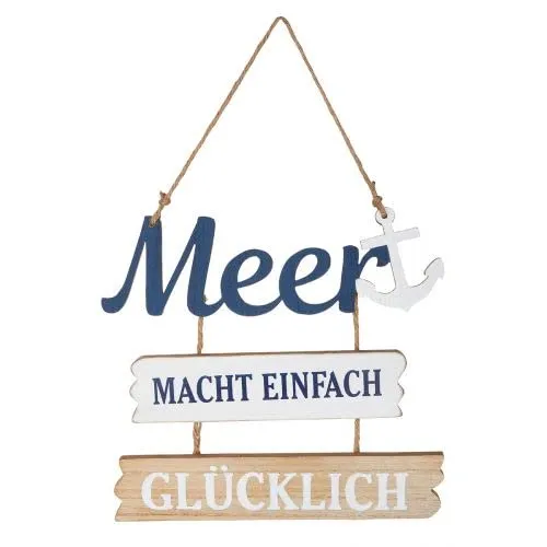 Deko Aufhänger Holzschild mit Spruch Meer Macht einfach glücklich ca. 35x23cm, Deko maritim Bad,