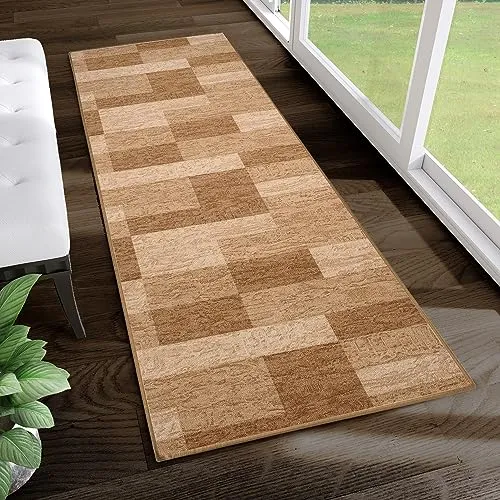 TAPISO Anti Rutsch Teppich Läufer rutschfest Brücke Meterware Modern Braun Beige Gelb Vierecke Geometrisch Design Flur Küche Wohnzimmer Diele 80 x 180 cm