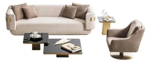 Beige Designer Sofagarnitur 4-Sitzer mit Textilsesseln und Tischen - Moderne 4-Sitzer Sofagarnitur in Beige für das Wohnzimmer, inklusive Kissen und stilvollen Tischen. Perfekt für gesellige Abende und entspannte Stunden.