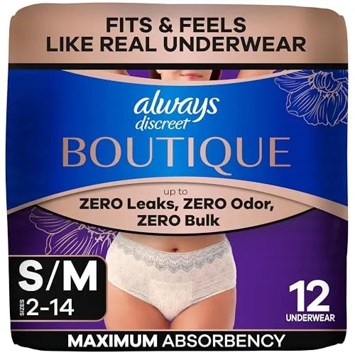 Always Discreet Boutique, Inkontinenz & Postpartum Unterwäsche für Damen, hohe Taille, Größe S/M, Rosa, maximale Saugfähigkeit, Einweg, 12 Stück