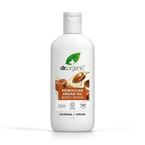 Dr Organic Marokkanisches Arganöl Körperwaschgel, Duschgel, Natürlich, Vegan, Tierversuchsfrei, Paraben- & SLS-frei, Recycelbar & Aus im Meer gebundenem Plastik recycelt, Zertifiziert Bio, 250ml