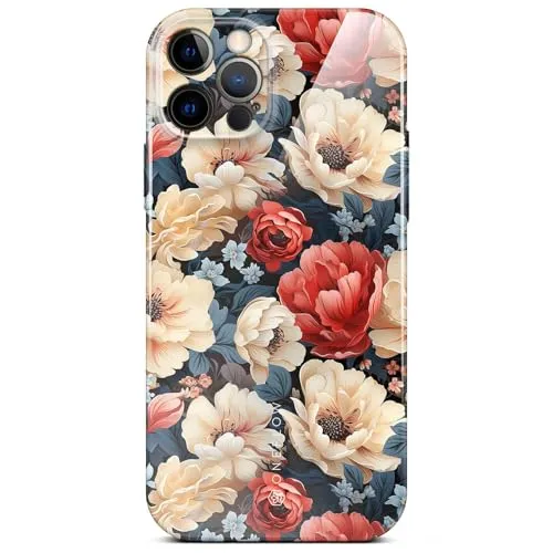 ONEFLOW Flower Cover für iPhone 12 Pro Hülle in Floral Optik, Blumen Designer Case Handy Schutzhülle mit Kameraschutz, Hardcase dünne Handyhülle Blumenmuster, Weiß Rot