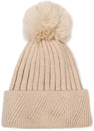styleBREAKER Damen Strick Bommelmütze Einfarbig mit Rippen Muster und Fleece Futter, Winter Mütze, Strickmütze 04024198, Farbe:Beige