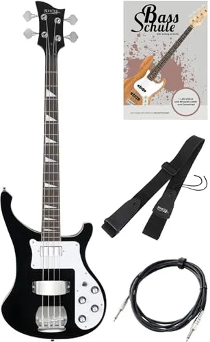 Rocktile Pro RB-400B Blackbird E-Bass Set - Longscale E-Bass mit 2 Pickups - Gitarren - Rocktile Pro-Series E-Bass Set mit 2 Tonabnehmern, inklusive Gitarrengurt, Kabel und E-Bass Schule für Anfänger. Ideal für Einsteiger, um die Grundlagen des Bassspielens zu erlernen.