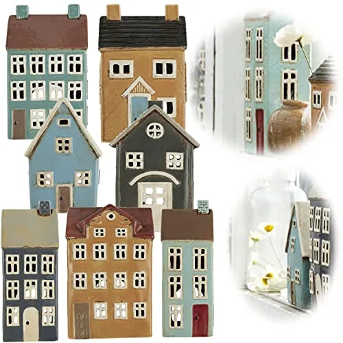LS-LebenStil Teelichthaus Lichthaus 19cm Blau Braun Keramik Fachwerkhaus Nyhavn Teelichthalter