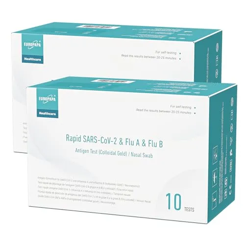 EUROPAPA 20x Corona Laientest & Grippe Test 3in1 - Praktischer 3in1 Schnelltest für COVID-19 und Grippe A/B. Einfach zu Hause anwendbar, mit schnellen Ergebnissen in nur 20 Minuten. Einzelverpackt und mit vollständigem Zubehör für eine hygienische Durchführung.
