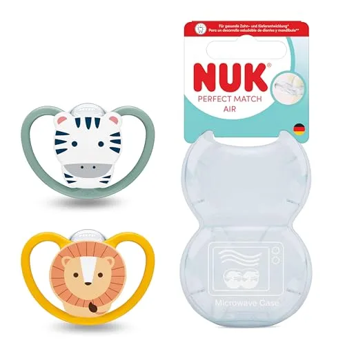 NUK Perfect Match Air Schnuller für Babys, 18-36 Monate, kiefergerechte Schnuller, fördert den Luftstrom und beugt Speichelausschlag vor, 95% Akzeptanz des Babys, Löwe u