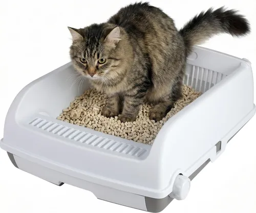 COSTWAY Offene Katzentoilette mit hohem Rand und Schubladentablett - Praktische Katzentoilette mit spritzgeschütztem Design und herausziehbarem Schubladentablett. Ideal für Katzen bis 10 kg. Die halbautomatische Entsorgung erleichtert die Reinigung und sorgt für hohe Sauberkeit.