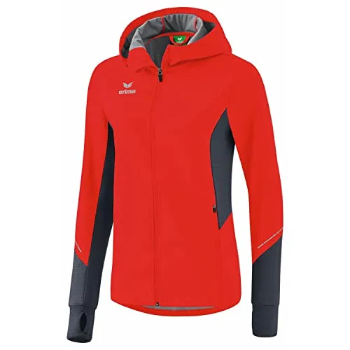 Erima Damen RACING Running Jacke, rot, Größe 34 - Leichte, wasserabweisende Funktionsjacke mit seitlichen Reißverschlusstaschen und reflektierenden Elementen – ideal für sicheres Laufen bei verschiedenen Wetterbedingungen.