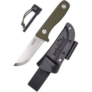 Schnitzel Schnitzmesser DU - Kindermesser mit Feuerstarter - Gürtelmesser für Kinder ab 10 Jahren, mit rostfreier 14C28N Stahlklinge und grünem G-10 Griff. Ideal für kreative Outdoor-Aktivitäten und sicher unter Aufsicht.