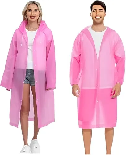 JITIFAZH Wasserdichter Regenponcho, 2 Stück,leichter, wiederverwendbarer Regenmantel mit Kapuze, tragbarer Notfall-Poncho für Erwachsene, Familie, Wandern, Radfahren, Camping(Rosa+Rosa)
