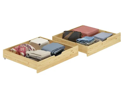 Erst-Holz Bettkasten-Set 80x190cm - 2-teilig aus Kiefer massiv - Praktisches 2-teiliges Bettkasten-Set auf Rollen für Etagenbetten, robust aus Kiefernholz und pflegeleicht. Bietet jedem Kind ein eigenes Staufach und passt perfekt zu unseren schmalen Etagen-Betten.