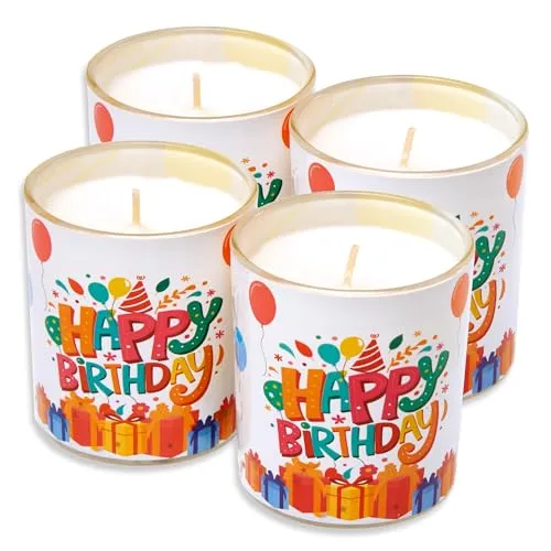 Candelo 4er Set Hochwertige Geburtstagskerzen im Glas Ambiente – Happy Birthday Kerze – 8 x 7cm - 30 Std Brenndauer – Windlicht Glaskerze ohne Duft – Kindergeburtstag Dekoration