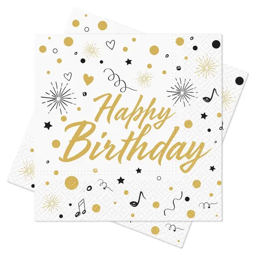 Servietten Happy Birthday Gold Herz Feuerwerk Musiknote Geburtstag 33x33cm 20Stk