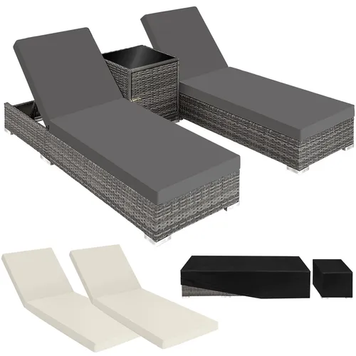 tectake® 2er Lounge Sonnenliegen Set Plus Tisch – Grau - Outdoor Liegen Set für 2 Personen, inklusive 2 Bezugsets und Schutzhülle. Robust, wetterfest und mit verstellbaren Lehnen für optimalen Liegekomfort. Perfekt für Balkon, Terrasse oder Garten!