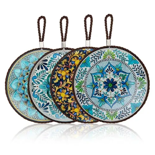 SPRHR 4 Stück Topfuntersetzer Keramik mit Korkböden und Schlüsselbandn, Korkuntersetzer mit 16 cm Durchmesser und Retro-Muster, Topfuntersetzer Hitzebeständig für Tellern, Tassen und Töpfen