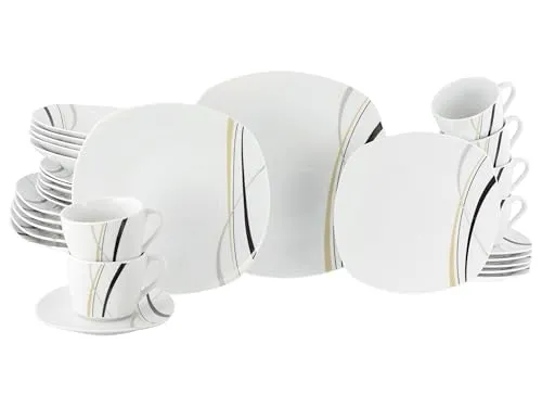 Creatable Kombiservice 30-teilig, Weiß - Elegantes 30-teiliges Geschirr-Set aus Keramik in Weiß mit Streifen-Design, ideal für stilvolle Essenspräsentationen.