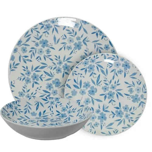 18-teiliges Tafelservice aus Porzellan in Weiß und Blumen in Blau, 26 x 6 x 26 cm